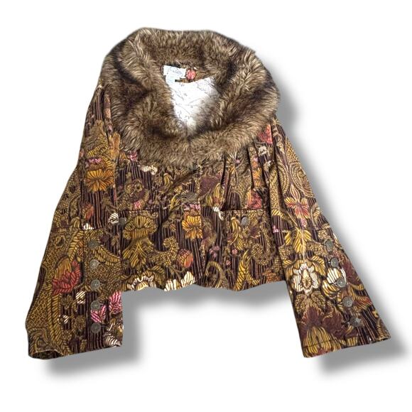 Vintage Faux Fur Trimmed Corduroy Floral Jacket Brown Boho Cropped Penny Lane - Picture 10 of 13